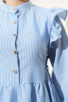 Omuz Fırfırlı Düğmeli Çizgili Gofre Elbise İndigo - Tesettür Elbise