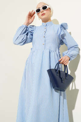 Omuz Fırfırlı Düğmeli Çizgili Gofre Elbise İndigo - Tesettür Elbise