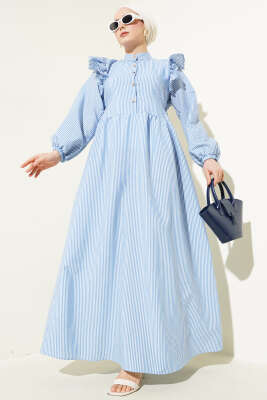 Omuz Fırfırlı Düğmeli Çizgili Gofre Elbise İndigo 