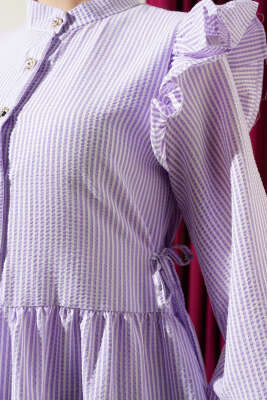 Omuz Fırfırlı Düğmeli Çizgili Gofre Elbise Lila - Tesettür Elbise