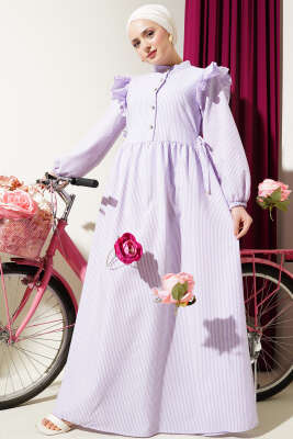 Omuz Fırfırlı Düğmeli Çizgili Gofre Elbise Lila 