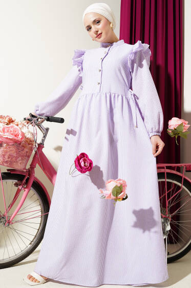 Omuz Fırfırlı Düğmeli Çizgili Gofre Elbise Lila - Tesettür Elbise