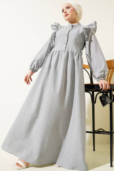 Omuz Fırfırlı Düğmeli Çizgili Gofre Elbise Siyah - Elbise