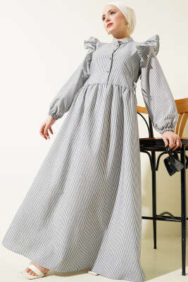 Omuz Fırfırlı Düğmeli Çizgili Gofre Elbise Siyah 