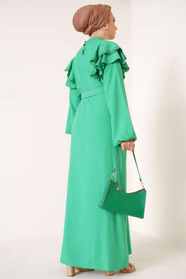 Omuz Fırfırlı Elbise Yeşil - Thumbnail
