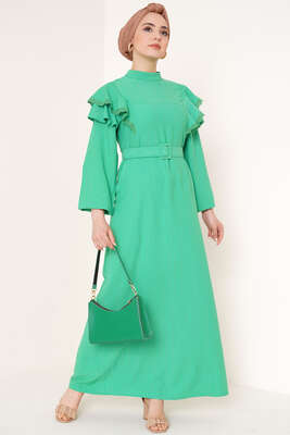 Omuz Fırfırlı Elbise Yeşil - Thumbnail