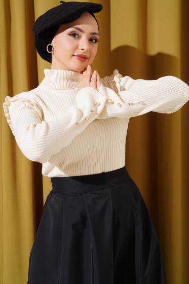 Omuz Fırfırlı Fitilli Triko Kazak Bej - Triko