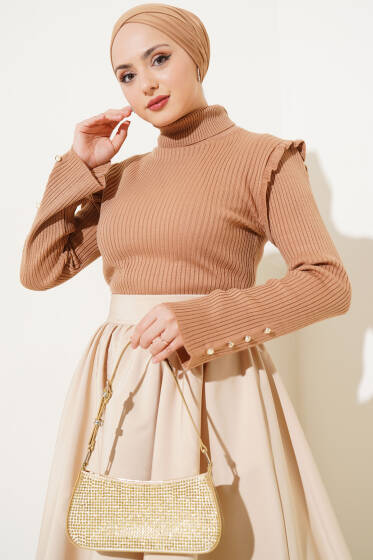 Omuz Fırfırlı Fitilli Triko Kazak Büsküvi - Triko