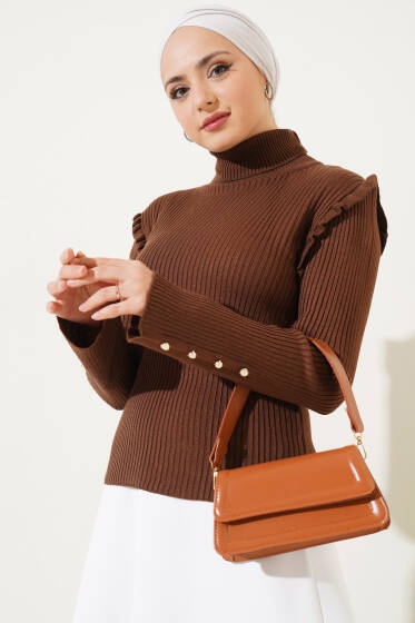 Omuz Fırfırlı Fitilli Triko Kazak Kahve - Triko