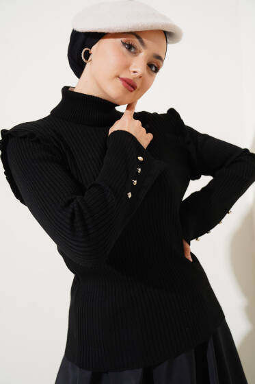 Omuz Fırfırlı Fitilli Triko Kazak Siyah - Triko