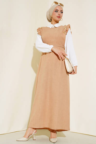 Omuz Fırfırlı İkili Takım Elbise Bej - Elbise