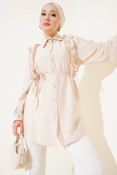 Omuz Fırfırlı İncili Gömlek Bej - Gömlek