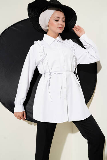 Omuz Fırfırlı İncili Gömlek Beyaz - Gömlek