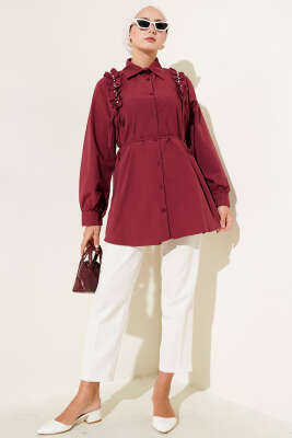Omuz Fırfırlı İncili Gömlek Bordo - 300-500 TL Ürünler