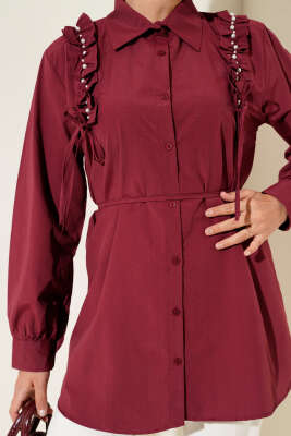 Omuz Fırfırlı İncili Gömlek Bordo - 300-500 TL Ürünler