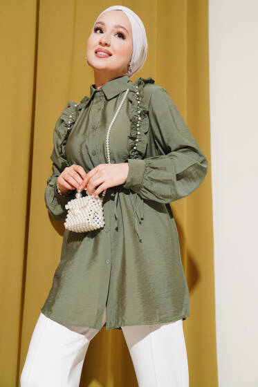 Omuz Fırfırlı İncili Gömlek Haki - Gömlek