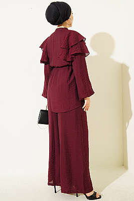 Omuz Fırfırlı İp Bağcıklı İkili Takım Bordo - İkili Takım