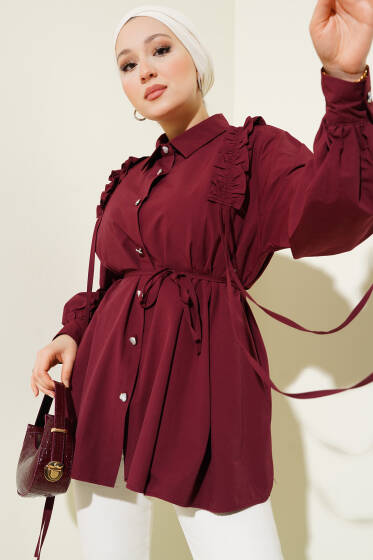 Omuz Fırfırlı Kalp Düğmeli Gömlek Bordo - Gömlek