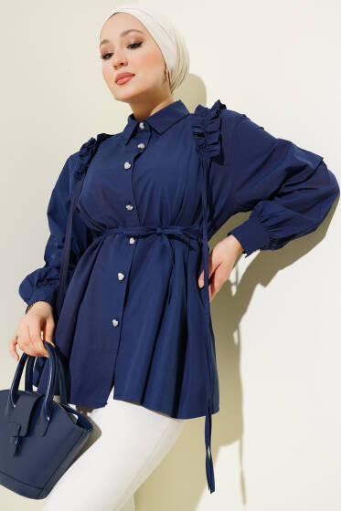 Omuz Fırfırlı Kalp Düğmeli Gömlek Lacivert - Gömlek