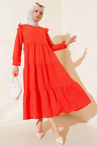 Omuz Fırfırlı Kat Kat Elbise Alizarin - Elbise