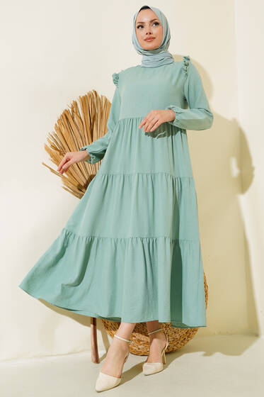 Omuz Fırfırlı Kat Kat Elbise Çağla Yeşili - Elbise