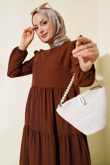Omuz Fırfırlı Kat Kat Elbise Kahve - Elbise