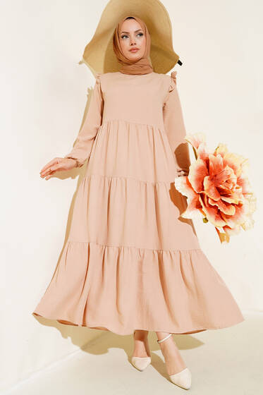 Omuz Fırfırlı Kat Kat Elbise Latte - Elbise
