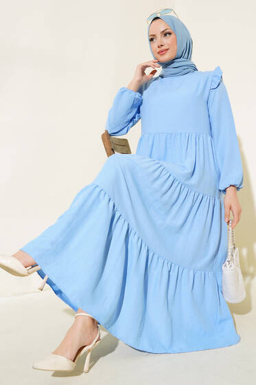 Omuz Fırfırlı Kat Kat Elbise Mavi - Elbise