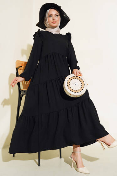 Omuz Fırfırlı Kat Kat Elbise Siyah - Elbise