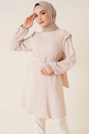Omuz Fırfırlı Kemerli Tunik Bej - Tunik
