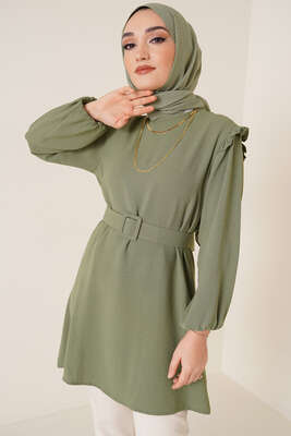 Omuz Fırfırlı Kemerli Tunik Çağla Yeşili 