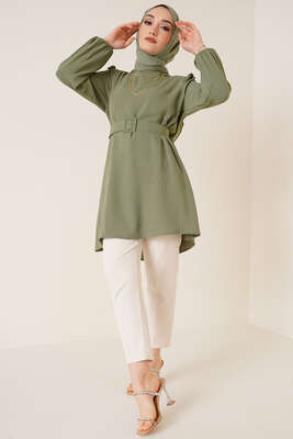 Omuz Fırfırlı Kemerli Tunik Çağla Yeşili - Tunik