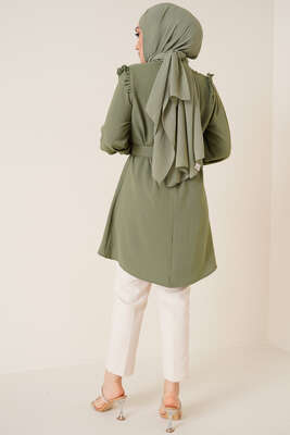 Omuz Fırfırlı Kemerli Tunik Çağla Yeşili - Tunik