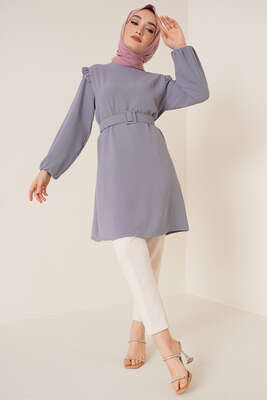 Omuz Fırfırlı Kemerli Tunik Gri - Tunik