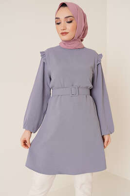 Omuz Fırfırlı Kemerli Tunik Gri 