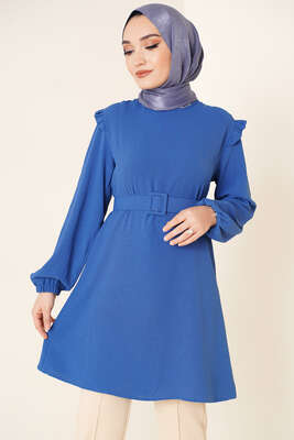 Omuz Fırfırlı Kemerli Tunik İndigo 