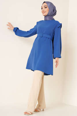 Omuz Fırfırlı Kemerli Tunik İndigo - Tunik