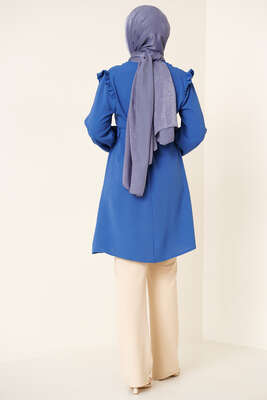 Omuz Fırfırlı Kemerli Tunik İndigo - Tunik