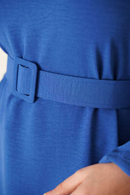 Omuz Fırfırlı Kemerli Tunik İndigo - Tunik