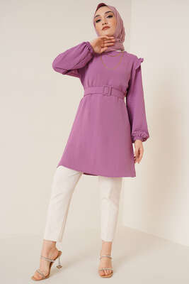 Omuz Fırfırlı Kemerli Tunik Magenta - Tunik