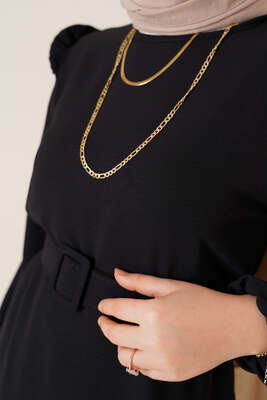 Omuz Fırfırlı Kemerli Tunik Siyah - Tunik