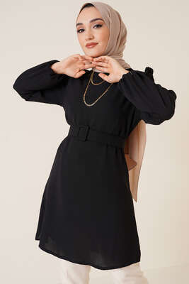 Omuz Fırfırlı Kemerli Tunik Siyah 