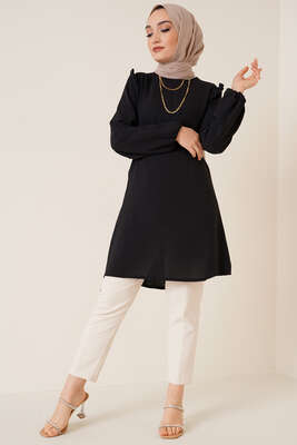 Omuz Fırfırlı Kemerli Tunik Siyah - Tunik