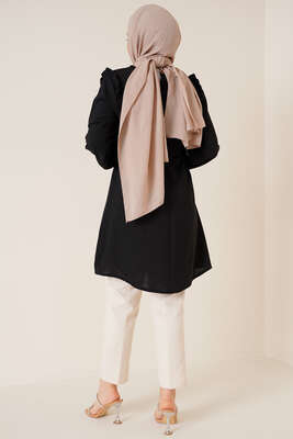 Omuz Fırfırlı Kemerli Tunik Siyah - Tunik