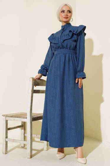 Omuz Fırfırlı Keten Elbise Indıgo - Elbise