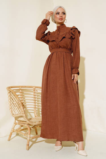 Omuz Fırfırlı Keten Elbise Kahve - Elbise