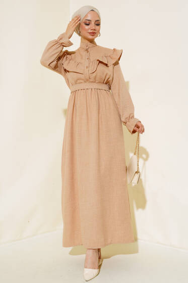 Omuz Fırfırlı Keten Elbise Latte - Elbise