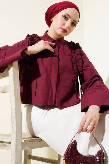 Omuz Fırfırlı Kısa Gömlek Bordo - Gömlek