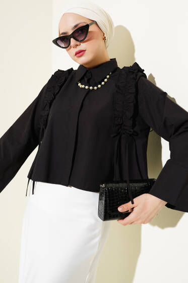 Omuz Fırfırlı Kısa Gömlek Siyah - Gömlek