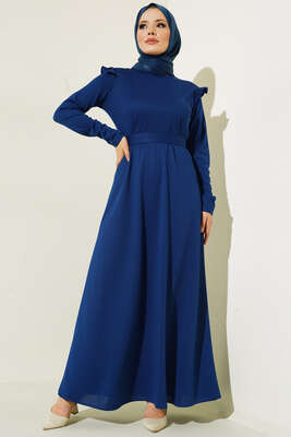 Omuz Fırfırlı Kuşaklı Elbise İndigo - Thumbnail